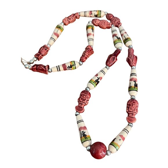 Vintage Peruvian Handpainted Ceramic Bead Necklace Llama Owl Eagle Hook Estate - Picture 2 of 5